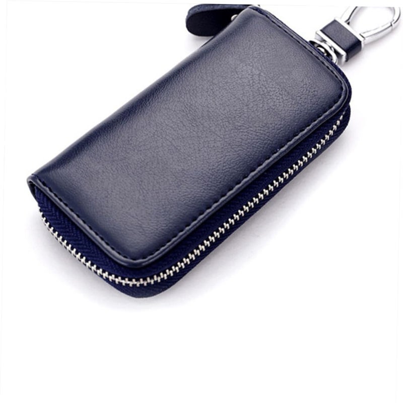 Blue Leather Key Holder Wallet with Zipper for Men Multi Function Coin Pouch - Image 4